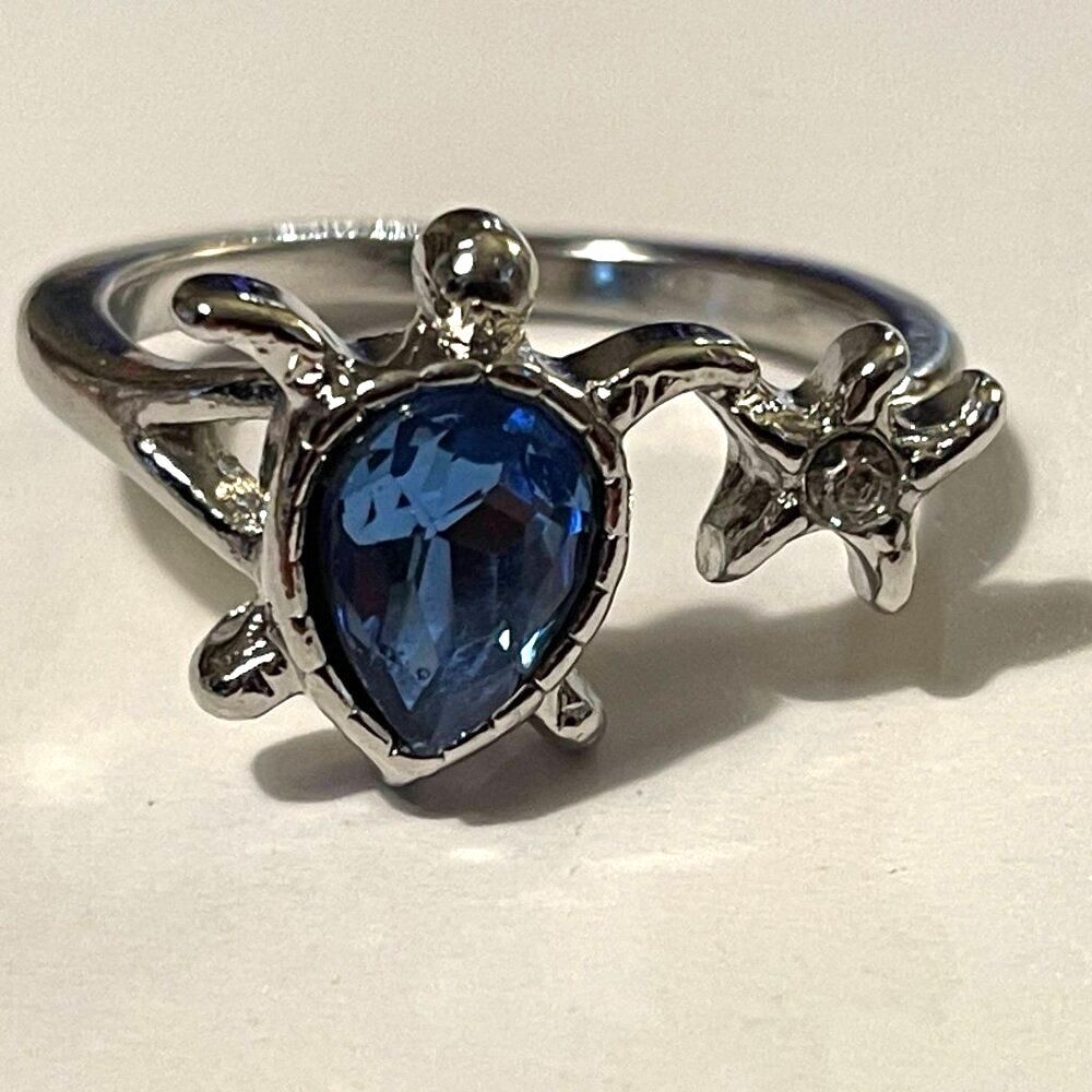 Turtle and sea star fish ring size 8 silver pretty gift for mom or wife starfish